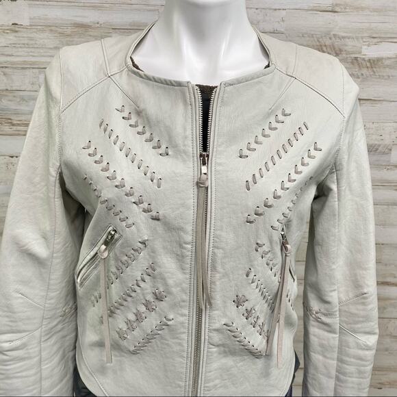 BlankNYC Moto Faux Leather Jacket Womens Size M Gray Lacing Fringe Zip Front - Picture 3 of 16